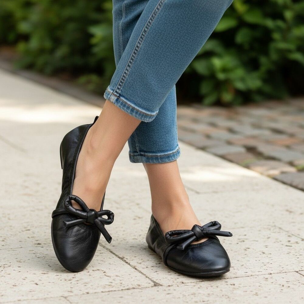 Flattered Iconic Minimalist Polly Ballet Flats Black Leather Womens 37/US 7 Bow
